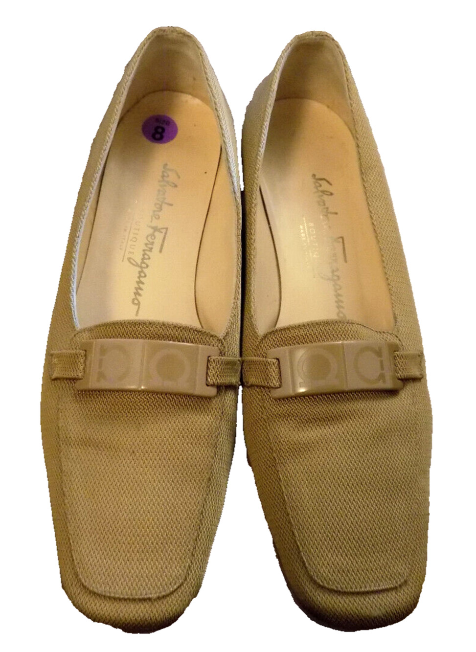 Salvatore Ferragamo Sport Knit Fabric Logo Bit Loafers Taupe sz 8 Classy 1" heel